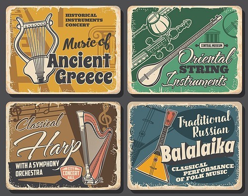 Folk and national music instruments retro vector banners. Oriental string instruments, music of ancient greece and russian balalaika performance, harp concert vintage poster. Tanbur and lyre