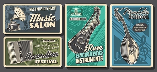 Music instruments posters retro, concert festival and orchestra, classic and folk music sound, vector. Rare music instruments salon shop and museum, accordion festival and folk music school