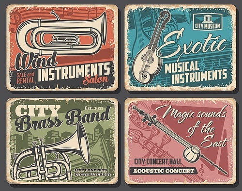 Music instruments and live acoustic concert vector retro posters. Euphonium and french horn, double neck guitar or mandolin and kamancheh. Music band concert, instruments museum and salon banners