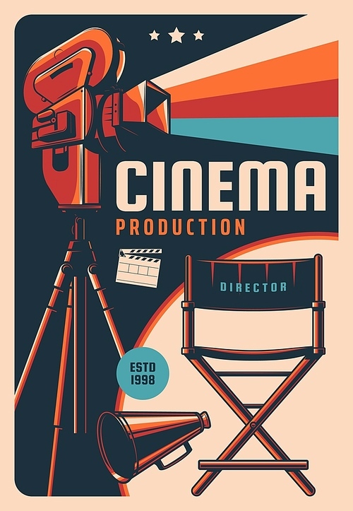 Cinema production vector retro poster with vintage video camera, clapper board and director chair. Film studio, movie entertainment, cinematography industry card with old camcorder recording movie