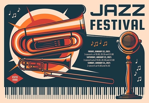 Jazz music festival retro vector banner. Live music concert, musician performance vintage poster, flyer or leaflet. Trombone and euphonium brass musical instrument, piano and old stage microphone