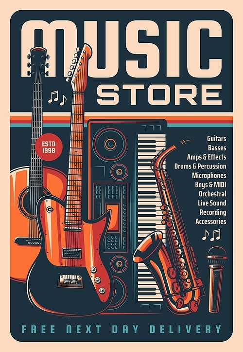 Music instruments store vintage poster, sound equipment, acoustic and electronic musical instruments shop retro vector banner. Electric and classic guitar, piano or synthesizer, saxophone, microphone