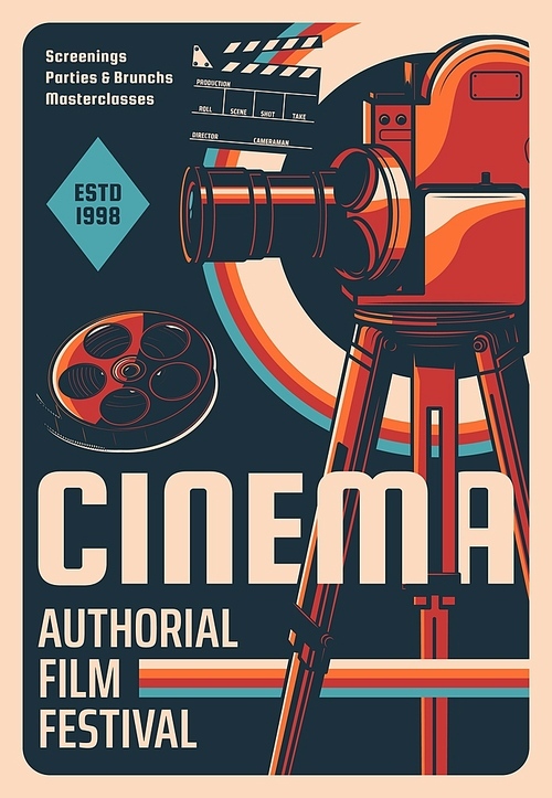 Film festival retro poster. Cinema authorial screenings, classic cinematography festival or masterclass vector invitation or banner. Vintage cinema camera on tripod, tape or film reel and clapperboard