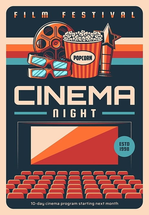 Film festival, cinema night screenings retro poster. Cinema hall movie program vector cover template, cinematography fest banner. Screen and sittings, popcorn, film reel and 3d glasses, festival award