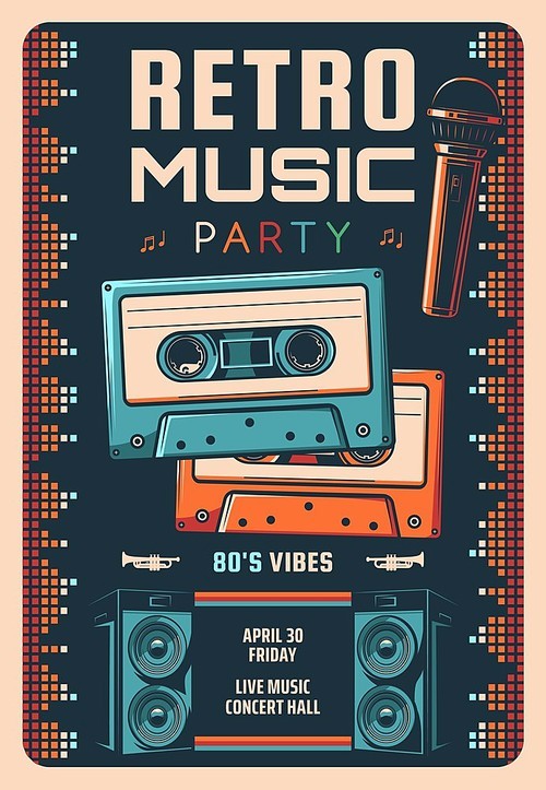 Retro music party vector flyer or poster. Live music performance, 80s hits concert vintage vector banner. Magnetic tape compact cassettes, stage microphone and audio speakers, neon disco lights