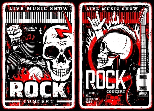 Rock music concert grunge posters of hard rock or heavy metal festival. Vector electric guitars, drum and rocker musician skulls with mohawk and lightning, vinyl record, piano keyboards, musical notes