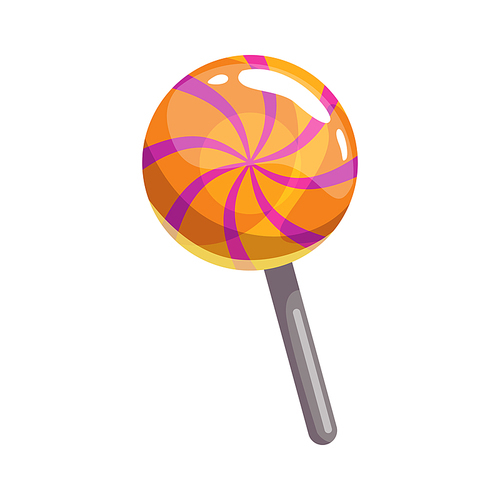 Candy lollipop, round striped sweets isolated realistic icon. Vector trick or treat sweets, candy-cane on stick, spiral candy holiday confection. Halloween party trick or treat sweets, spiral lolly