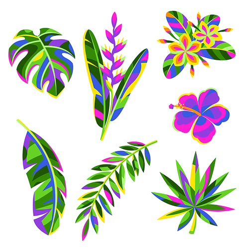Set of tropical flowers and palm leaves. Summer exotic floral decorative plants.