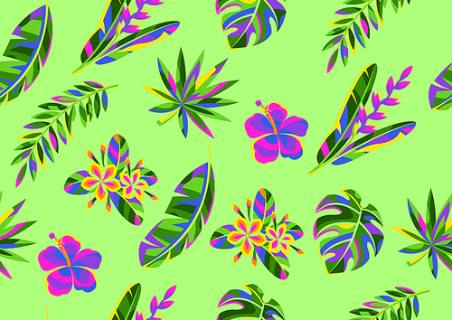 Seamless pattern with tropical flowers and palm leaves. Summer exotic floral decorative background.