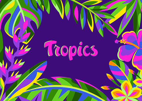 Background with tropical flowers and palm leaves. Summer exotic decorative illustration.