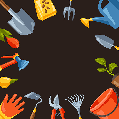 Background with garden tools and equipment. Season gardening illustration.
