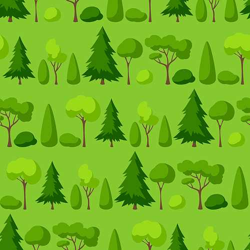 Seamless pattern with trees, spruces and bushes. Summer or spring landscape. Seasonal nature illustration.