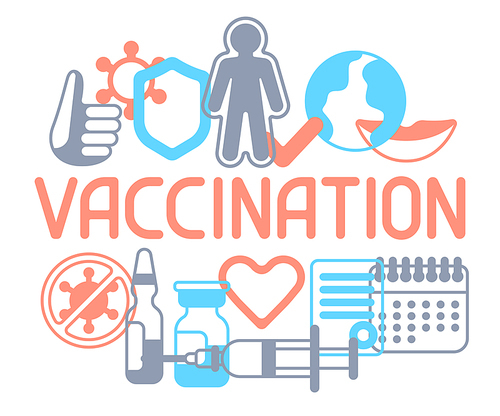 Vaccination concept background with vaccine icons. Immunization items. Health care and protection from virus. Medical and scientific industry.