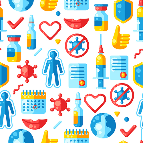 Vaccination seamless pattern with vaccine icons. Immunization items. Health care and protection from virus. Medical and scientific industry.