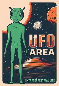 Retro poster with alien, ufo and spaceship, vector extraterrestrial comer with green skin and huge eyes. Space exploration card with shuttle in outer cosmos, stars and planets, saucer in starry sky