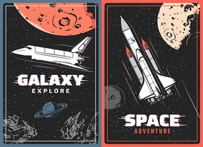Galaxy explorer retro vector posters with glitch effect. Outer space exploration, cosmic adventure vintage cards with spaceship or shuttle on moon orbit, Saturn planet, meteors and stars in universe