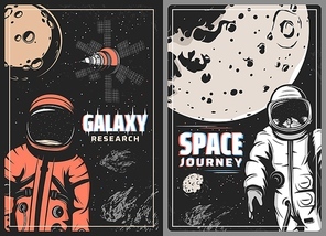 Galaxy research retro vector posters with glitch effect. Astronaut and cosmonaut in outer space journey. Spaceman explorer in spacesuit fly in starry sky with planet, satellite. Universe exploration