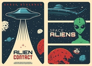 Alien spaceship, extraterrestrial UFO life retro posters. Humanoid alien with green skin and big eyes, flying saucer and fantasy spaceship in outer space, Mars and Saturn planets, Moon vector