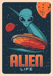 Alien head, planets and ufo spaceship in space, vector extraterrestrial comer with blue skin and huge eyes. Space exploration retro poster with galaxy, stars and planets, saucer in starry sky