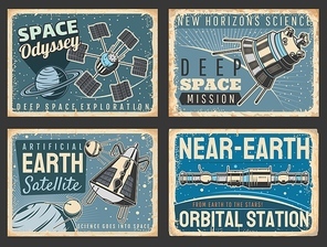 Outer space and galaxy research vector retro posters. Satellites and near Earth orbital station in universe with stars and planets. Galaxy, deep Space exploration, cosmic mission, vintage cards set