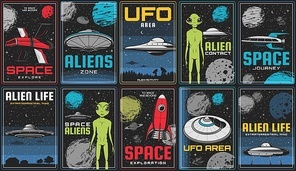 Space exploration, alien life and UFO contact posters. Sci-fi spaceship, retro rocket and flying saucer in outer space, humanoid alien creature, solar system planets and Moon, asteroid vector