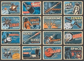 Galaxy, spaceship and outer space vintage posters, vector rocket shuttle flight to galaxy planets. Spacecraft rocket in spaceflight from sky to moon or mars for space exploration or orbital station