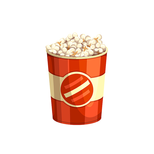 Popcorn fast food snack, menu icon, vector isolated basket. Fastfood restaurant, cinema bistro and street food cafe dessert snack or appetizer, popcorn in red carton bucket