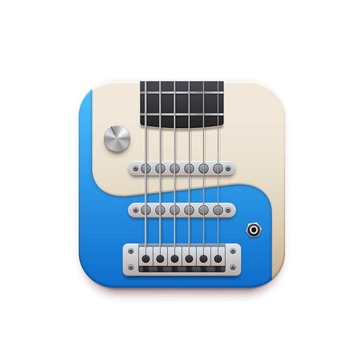 Electric guitar music app interface, 3d vector design element, instrument with strings and tuner isolated on white . Icon for audio player app, ui graphic for mobile application or website