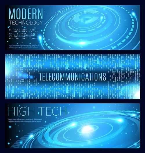 Modern technology, high tech and telecommunication vector banners with blue neon binary data flow, HUD interface circles and sparkles. internet and network