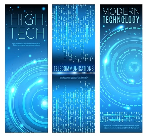 Future modern technology, high tech and telecommunication abstract vector banners. Digital data, internet and network technology wave with background of binary data flow, HUD interface