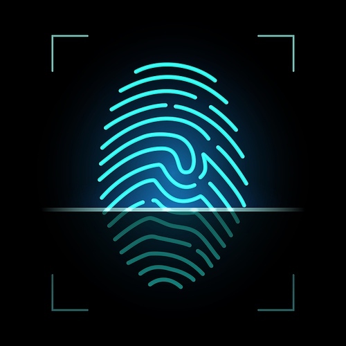 Finger scanner, biometric access control, digital security and identification, vector. Finger  scan on digital reader screen for biometric identity, data access with finger signature