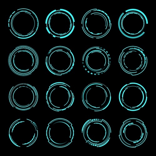 HUD round frames or borders, Futuristic glowing circles, buttons for computer game or app menu panel, modern design in techno HUD style