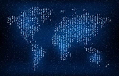 Digital code world map background in vector global earth network. Wold map in neon light blue pixels on digital display screen, worldwide connection and telecommunication technology