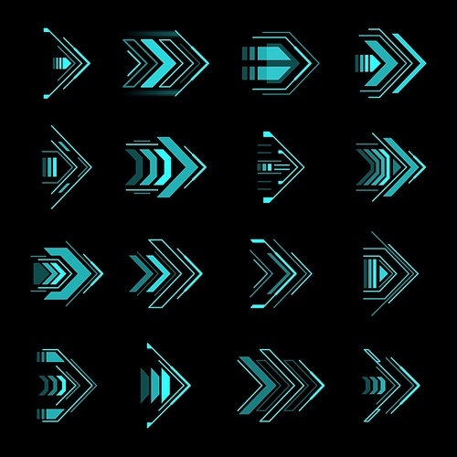 Hud arrows, futuristic navigation pointers, Futuristic neon glowing buttons for computer game or app menu, modern graphic design in digital techno style set