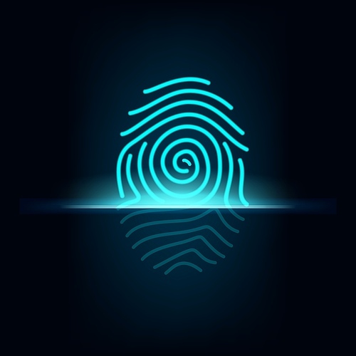 Finger scanner, biometric access control, vector thumb digital  with neon glowing and reflection on black background. Identification, privacy or authentication technology, finger pattern