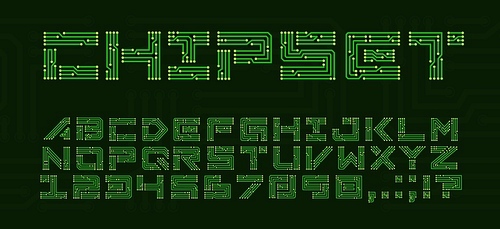 Chipset font with circuit board letters. Techno ABC with electronics motherboard, digital network font and type, computer technology, virtual and futuristic typography letters, digits and symbols