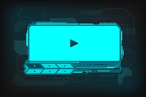 HUD video player futuristic interface. Vector digital ski-fi template with play button, menu bar and slider on neon glowing screen. Ui, ux hi-tech skin web design for online movie multimedia content