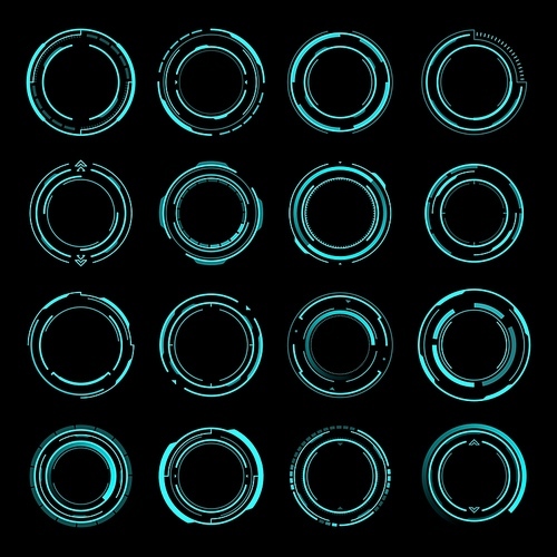 HUD round frames. Aim and target control panels, digital interface of Sci Fi and shooting games. Futuristic head up display frames and borders design for aim or target vector screens