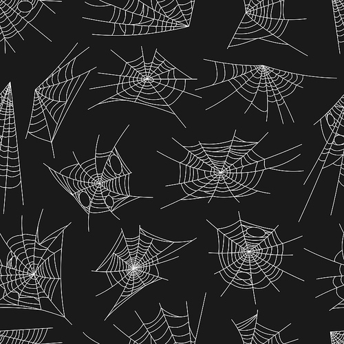 Spiderweb pattern, seamless spider web for Halloween, background, vector. White spiderweb or cobweb pattern on black background, horror holiday night and spooky, creepy cartoon decoration