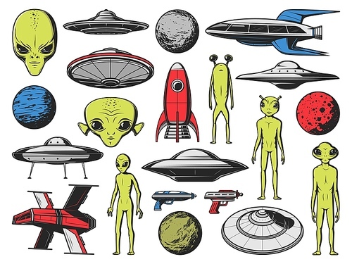 UFO, aliens spaceships and planets. Vector humanoid aliens, extraterrestrial creatures with green skin and big eyes, fantasy spacecraft, futuristic rockets and flying saucers, blaster fictional gun