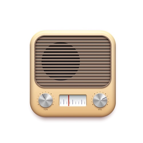 Retro FM radio music app icon with old radio station buttons, vector. Vintage FM radio tuner app icon with receiver dials and loudspeaker, podcast channel and streaming audio player application