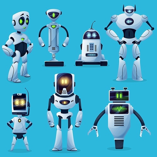 Robot characters, cartoon toys and future cyborgs, vector kids game mascots. Retro and modern robots and machine monsters, space machine androids with digital, face display, humanoid on wheel legs
