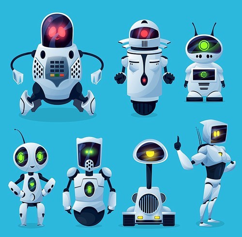 Robots, cartoon AI chatbots and bots, vector kid toy characters. Android robots and future chatbots or robo alien cyborgs, futuristic transformer monsters and game, mascots with digital screen display
