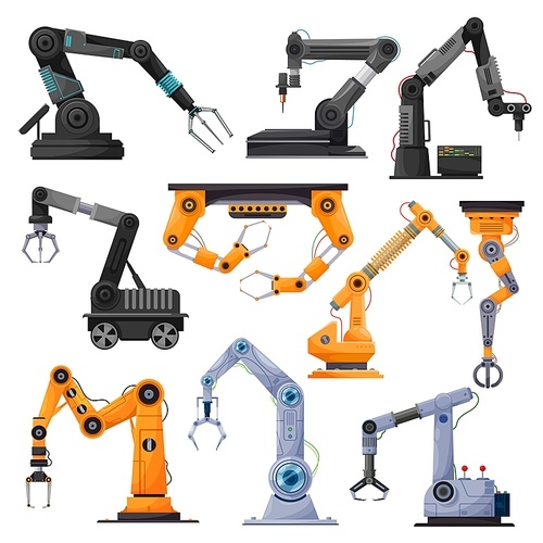 Industrial robot manipulators, robotic arms or mechanical hands. Vector manufacturing automation technology and robotics engineering concept, articulated robots, modern equipment or devices design