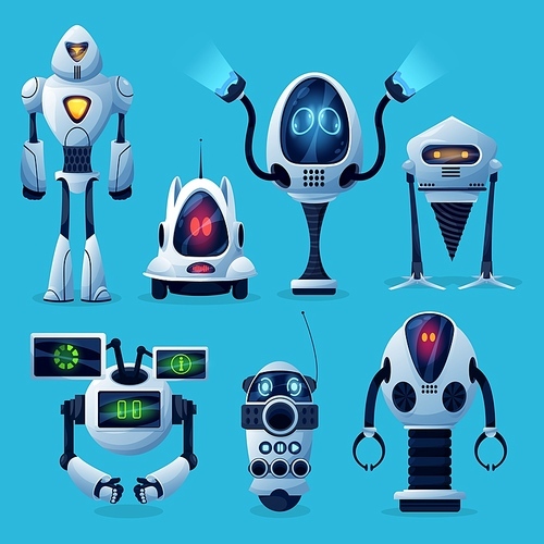 Cartoon robots vector icons, artificial intelligence cyborg characters, cute toys or bots futuristic technology. Friendly robots on wheels and legs with long arms and digital face screens isolated set