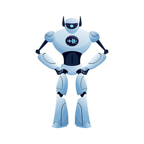 Cyber huge robot with chat display on body isolated hi-tech character, full length android. Vector cyborg robot with firearm in hands, robotic humanoid, plastic futuristic robot, sci-fi machine