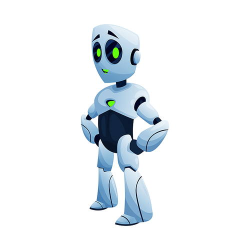 Robot with arms on waist isolated kids toy side view. Vector android automation full length futuristic character, cyborg humanoid. Plastic robot, sci-fi hi-tech machine, artificial intelligence