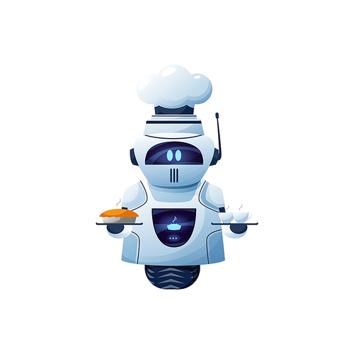 Cartoon robot chef, vector cyborg character in toque hold tray with bakery and cup of drink. Artificial intelligence technology, friendly bot on wheel with digital glow face and food symbol on display