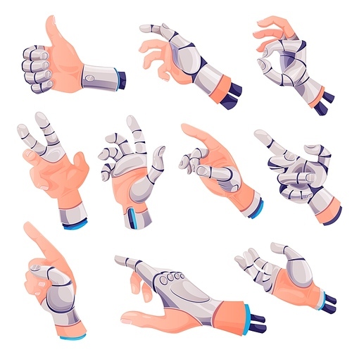 Human hands with fingers robotic prosthesis showing OK, thumbs up hand gestures, reaching or pointing on something. Cyborg palm, robotized limb or robot body parts cartoon vector set