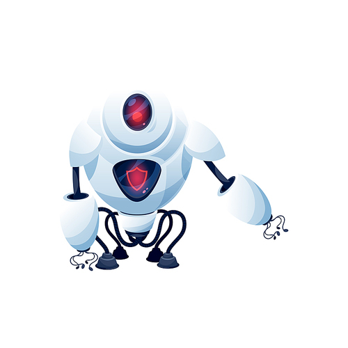 Cartoon robot vector cyborg character. Artificial intelligence technology, toy or bot guard with digital glow red face, flexible legs on suckers, tentacles and shield symbol on display